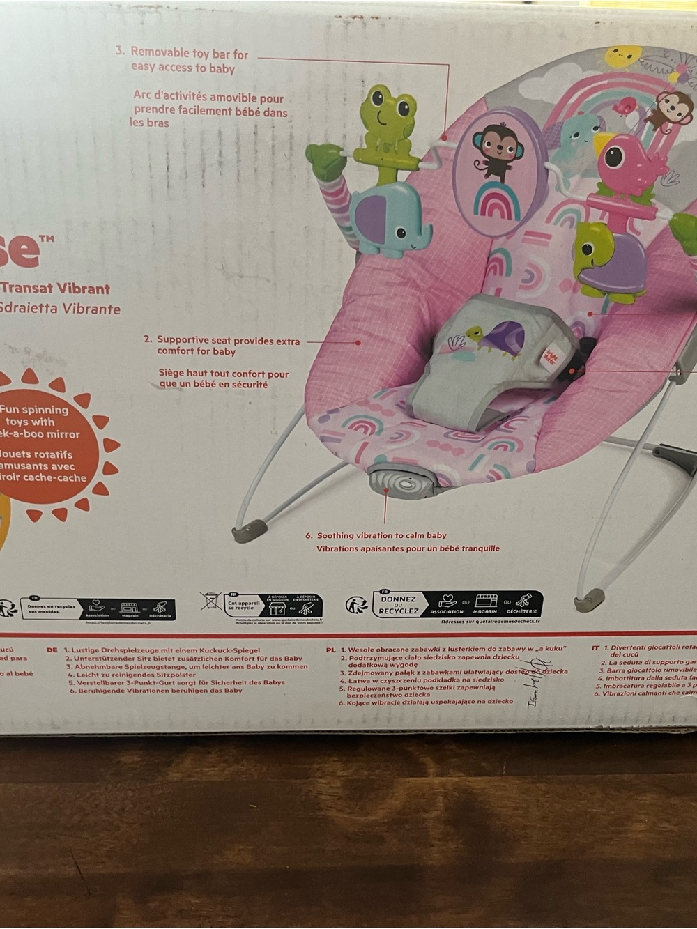 Infant Vibrant Pink Baby Bouncer with Toy Bar